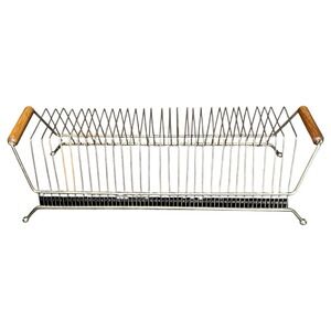 Vtg Record Rack Stand MCM Brass Tone Metal Wood Handles Holds 60 LPs 45s Retro